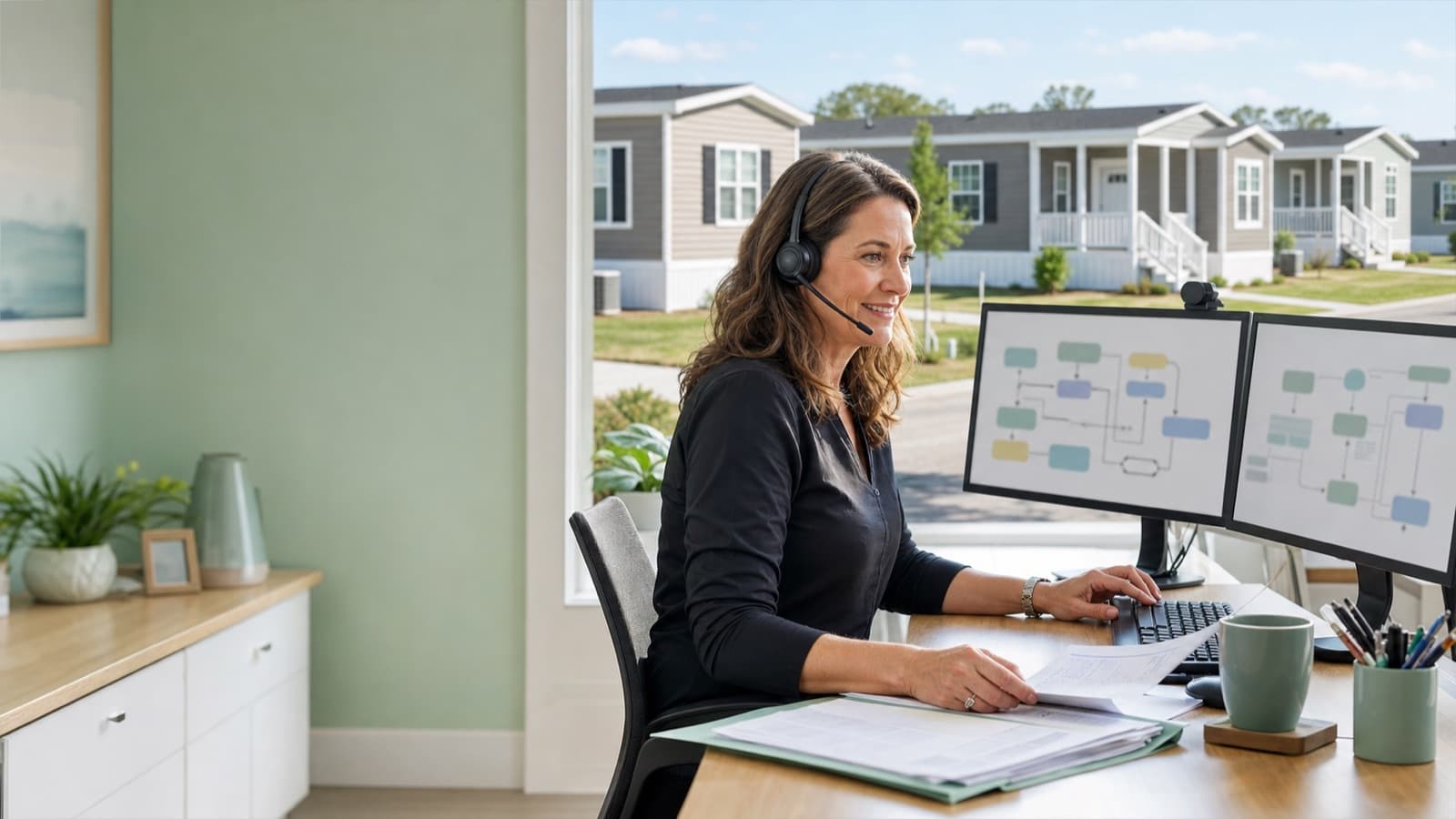Permit coordinator working with manufactured homes visible outside her office window