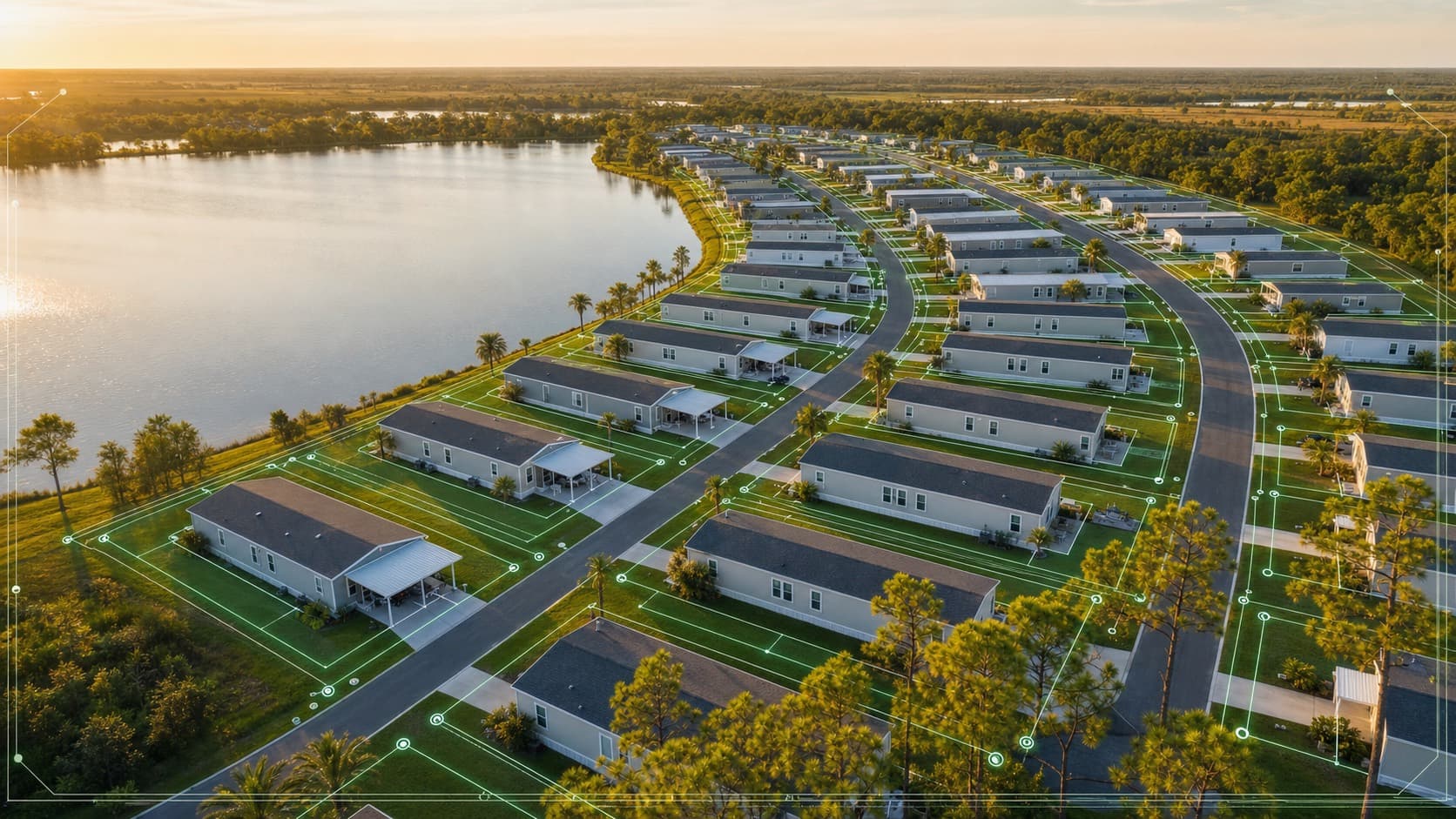 Aerial view of a manufactured-home community with the Piermits data layer over every lot