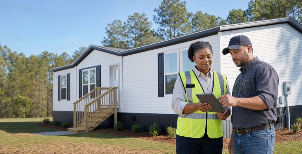A coordinator and installer reviewing a permit on a tablet in front of a newly set manufactured home