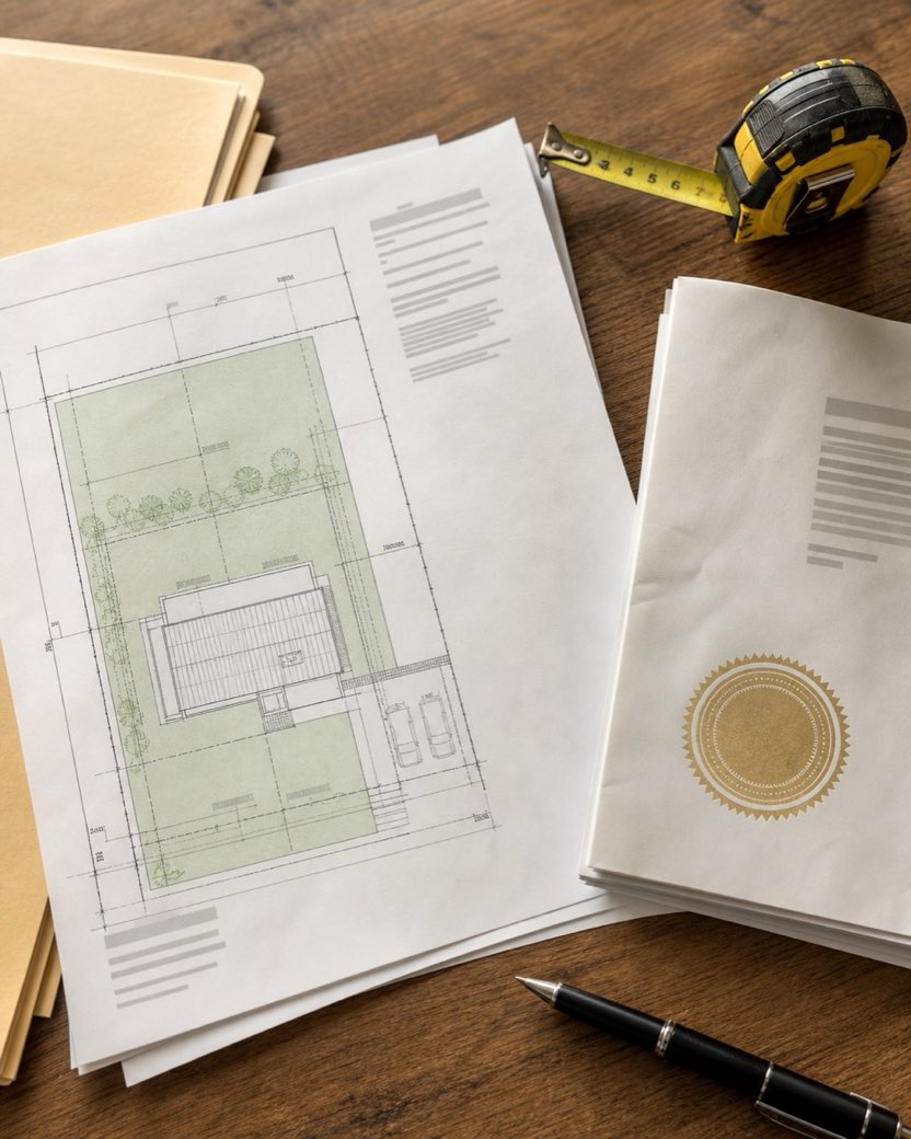 A county-ready site plan with dimension lines beside a gold-sealed approval document