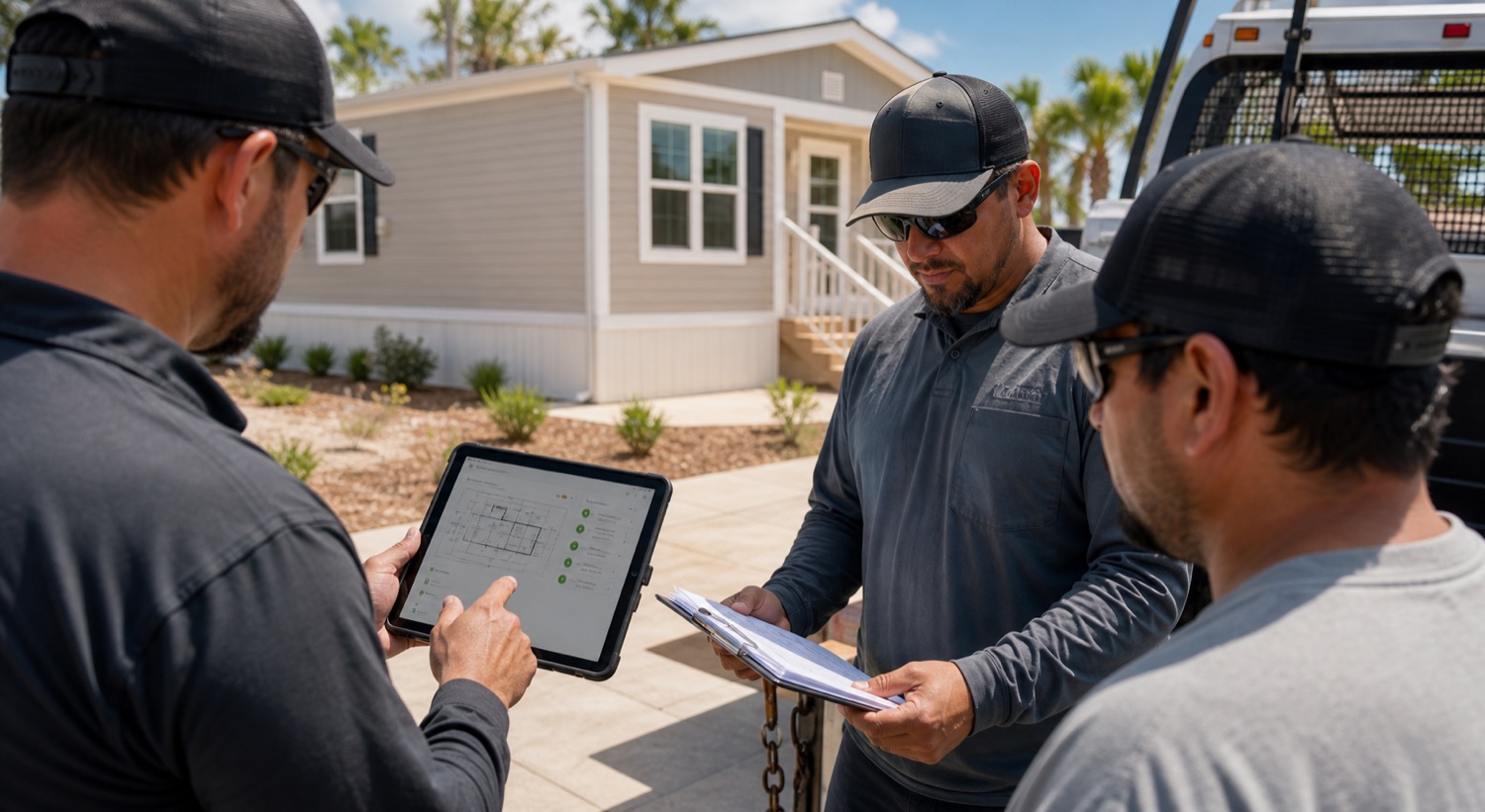 An installer crew reviewing the validated permit on a tablet at a Florida jobsite
